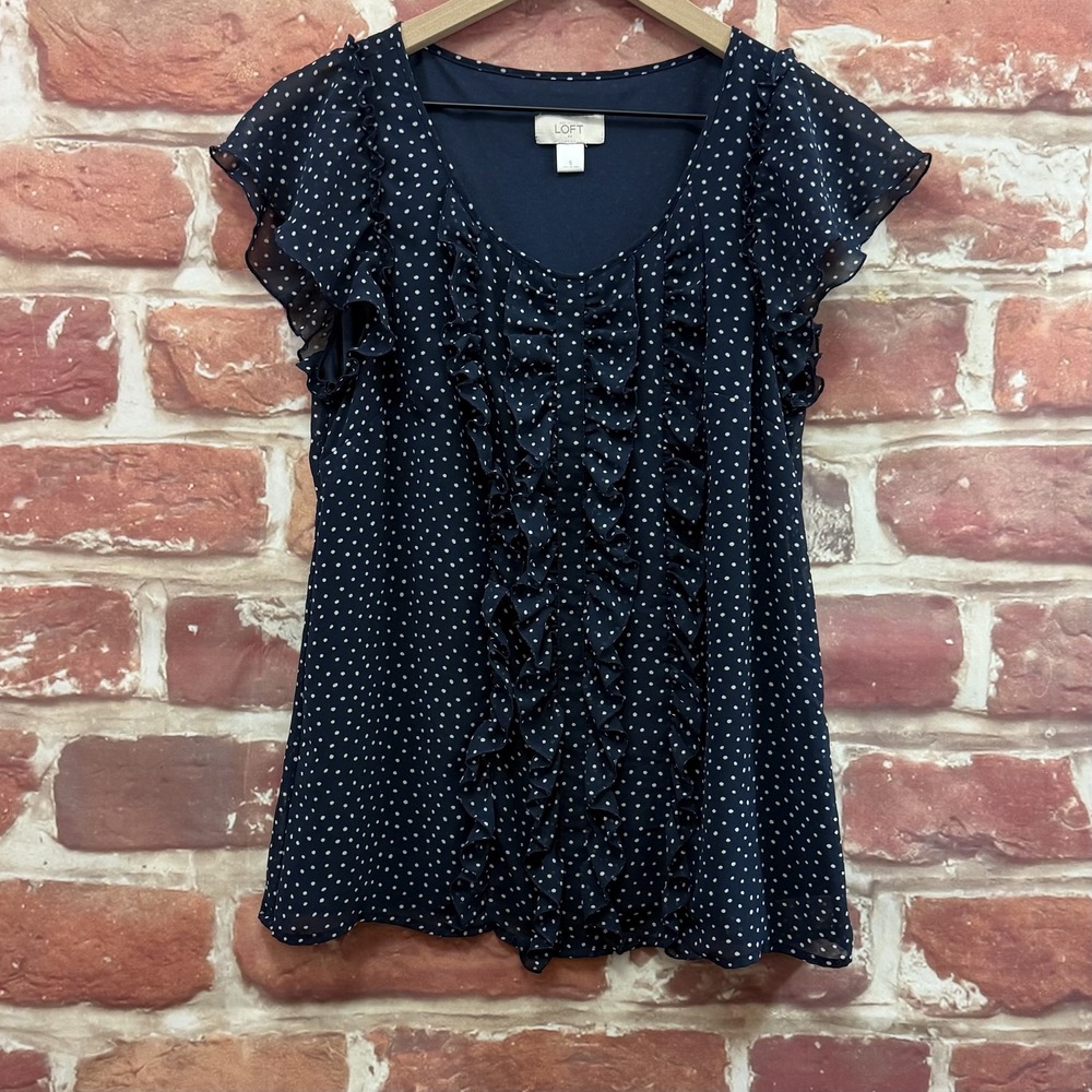 Ann Taylor Loft Top Women's Small Dark Blue Polka Dot Ruffle Casual Career Shirt